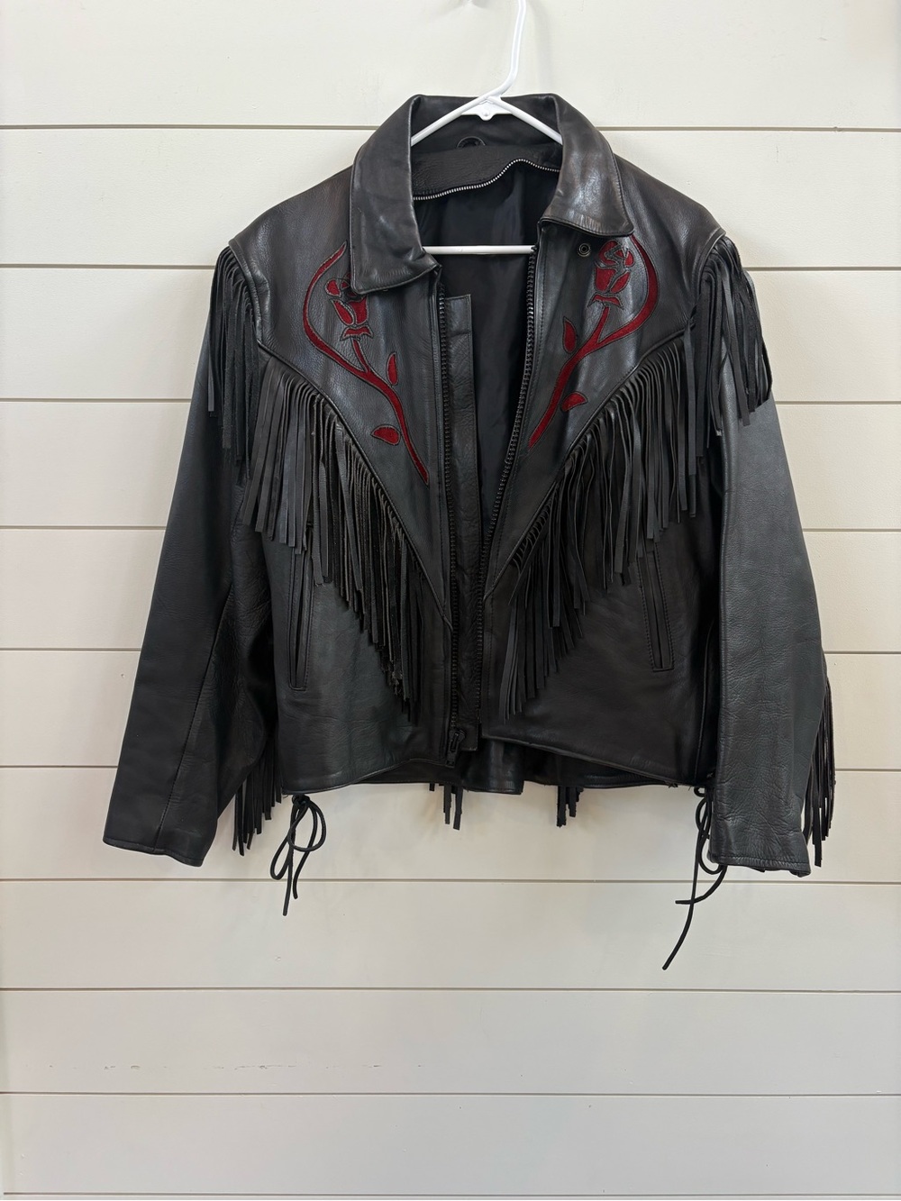 Vintage Black Leather Fringe Jacket with Red Floral Embroidery
